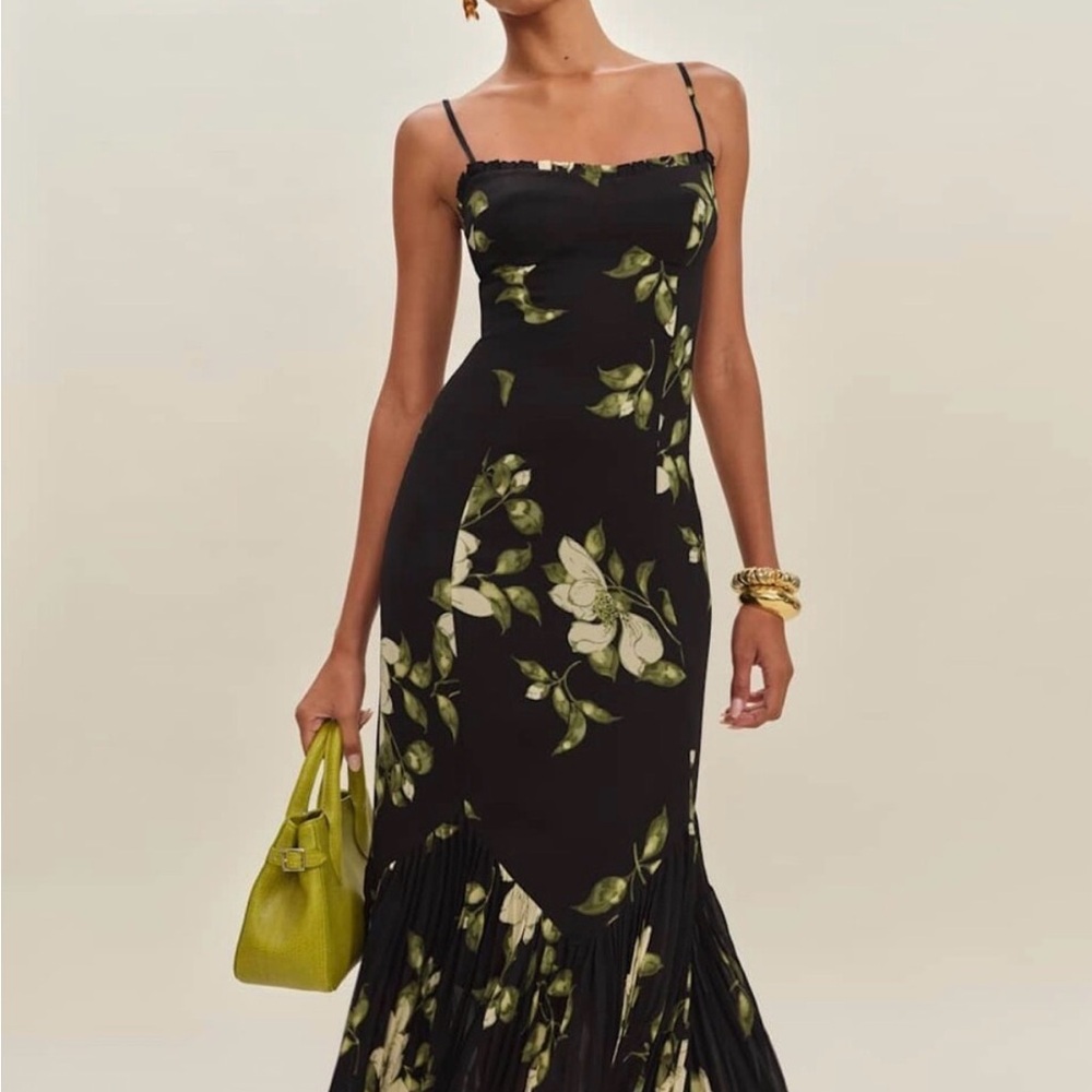 Reformation Black Maxi Slip Dress with Green Floral Print